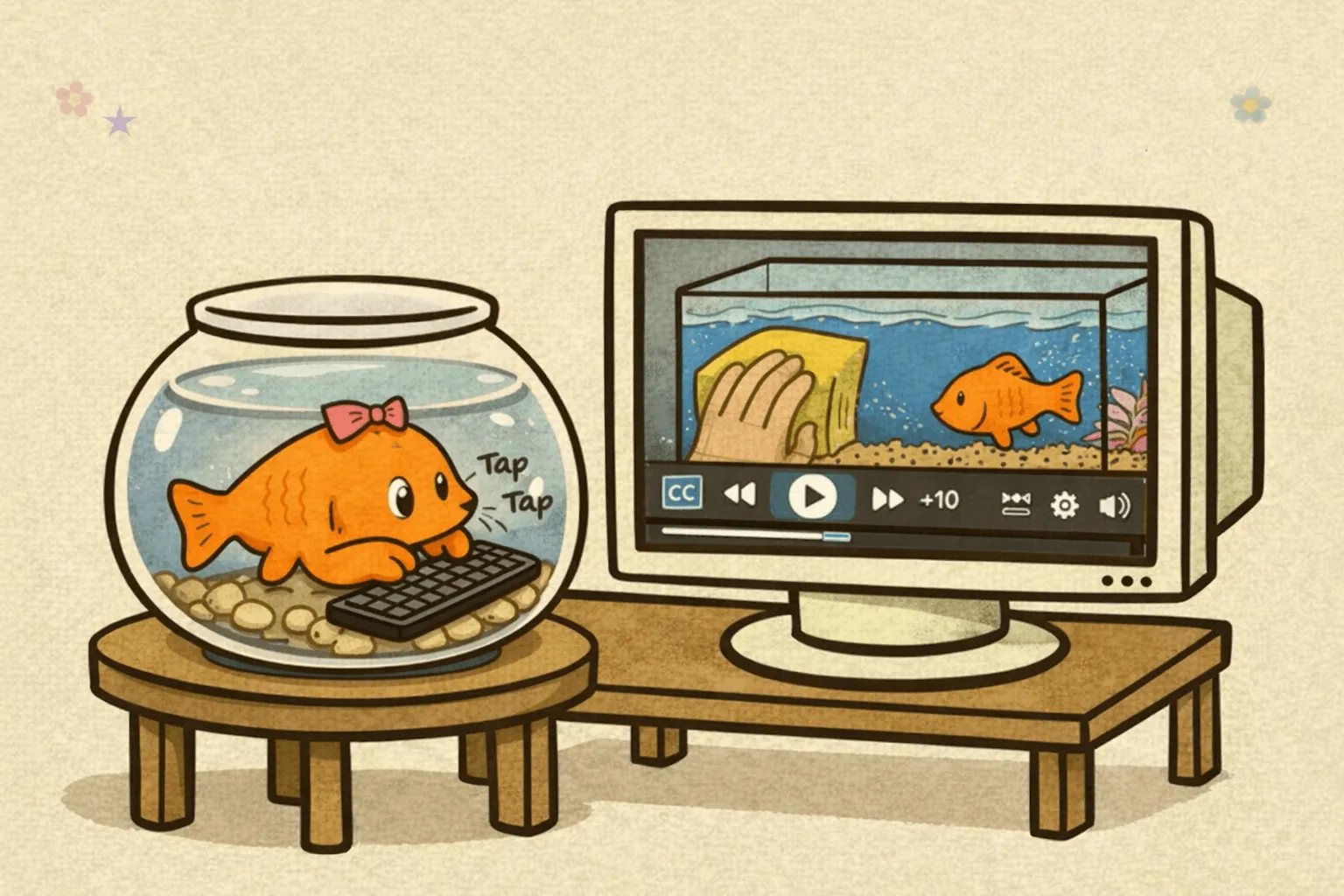 A fish in a bowl taps a keyboard to operate custom video controls with CC, play, skip, and volume buttons