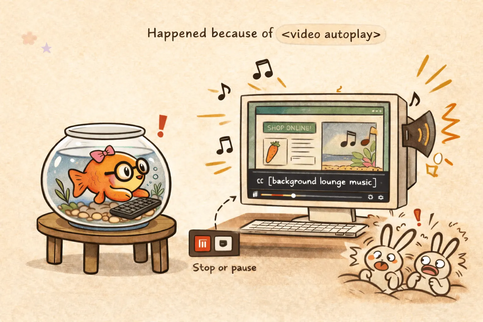 A startled fish and scared bunnies react to a loud autoplaying video ad — a stop or pause button is highlighted as a possible solution if autoplay is unfortunately required