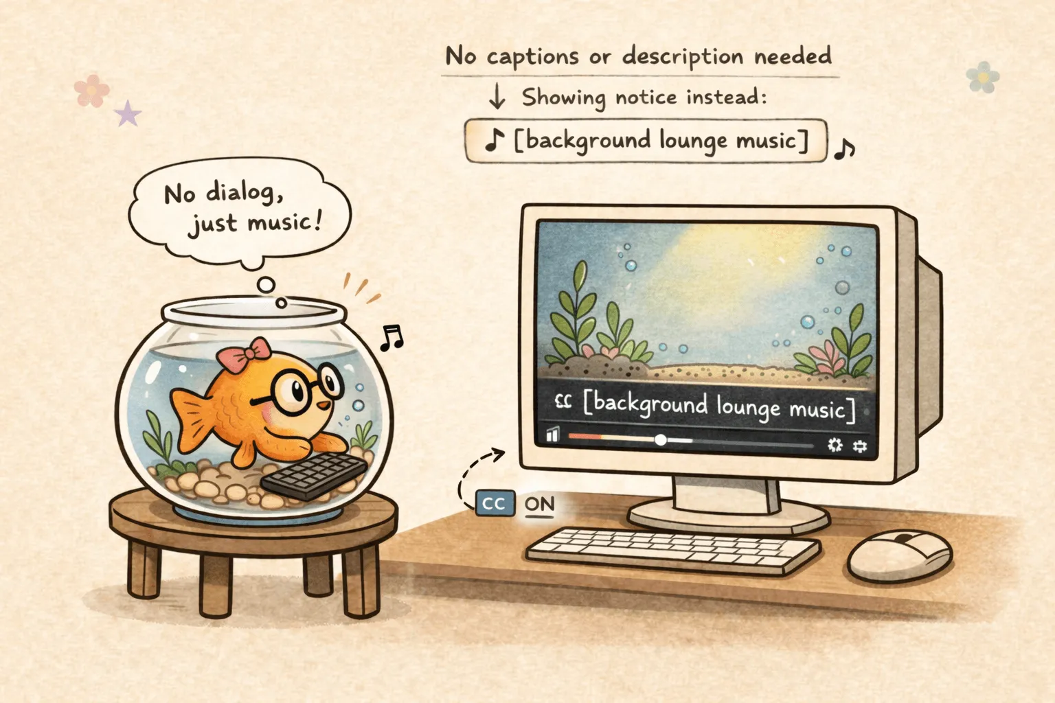 A fish with glasses watches an aquarium video with no dialog, just background music — the caption track shows "[background lounge music]" to let viewers know no captions or description are needed